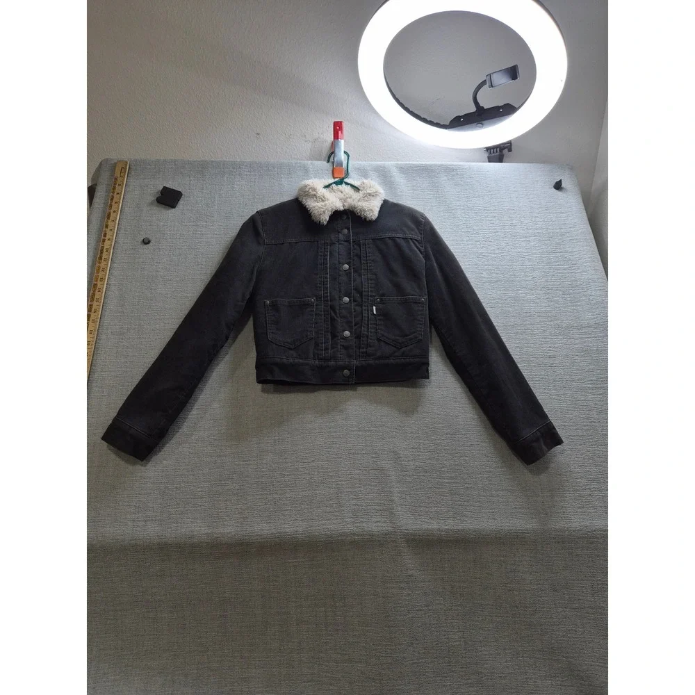 Levi's Corduroy Trucker Cropped Jacket Womens XS Charcoal Gray Sherpa Lined